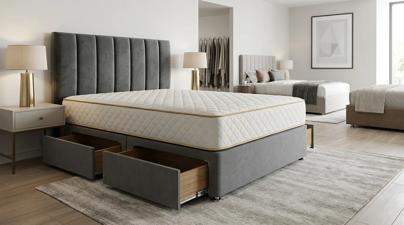 Upholstered divan bed with a panel line headboard