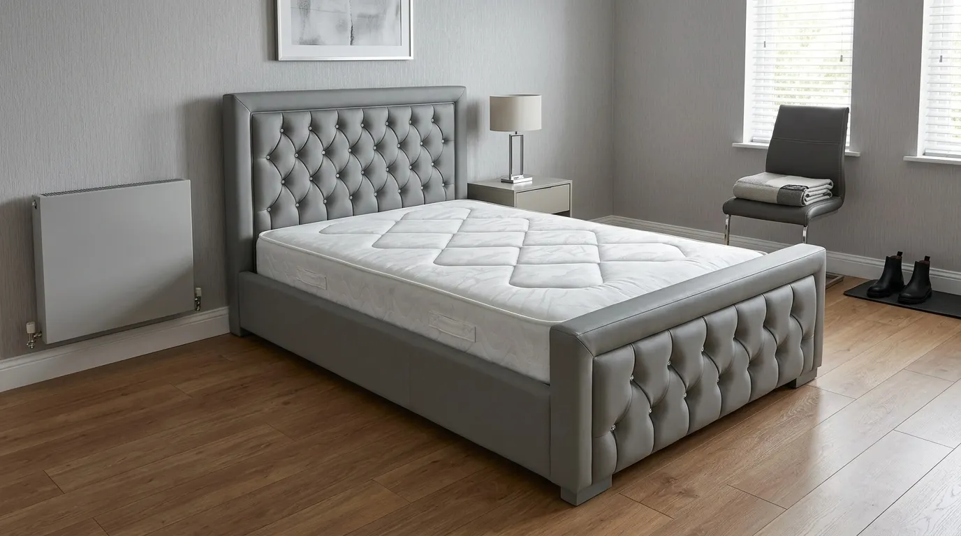 Pocket sprung mattress on an upholstered bed base
