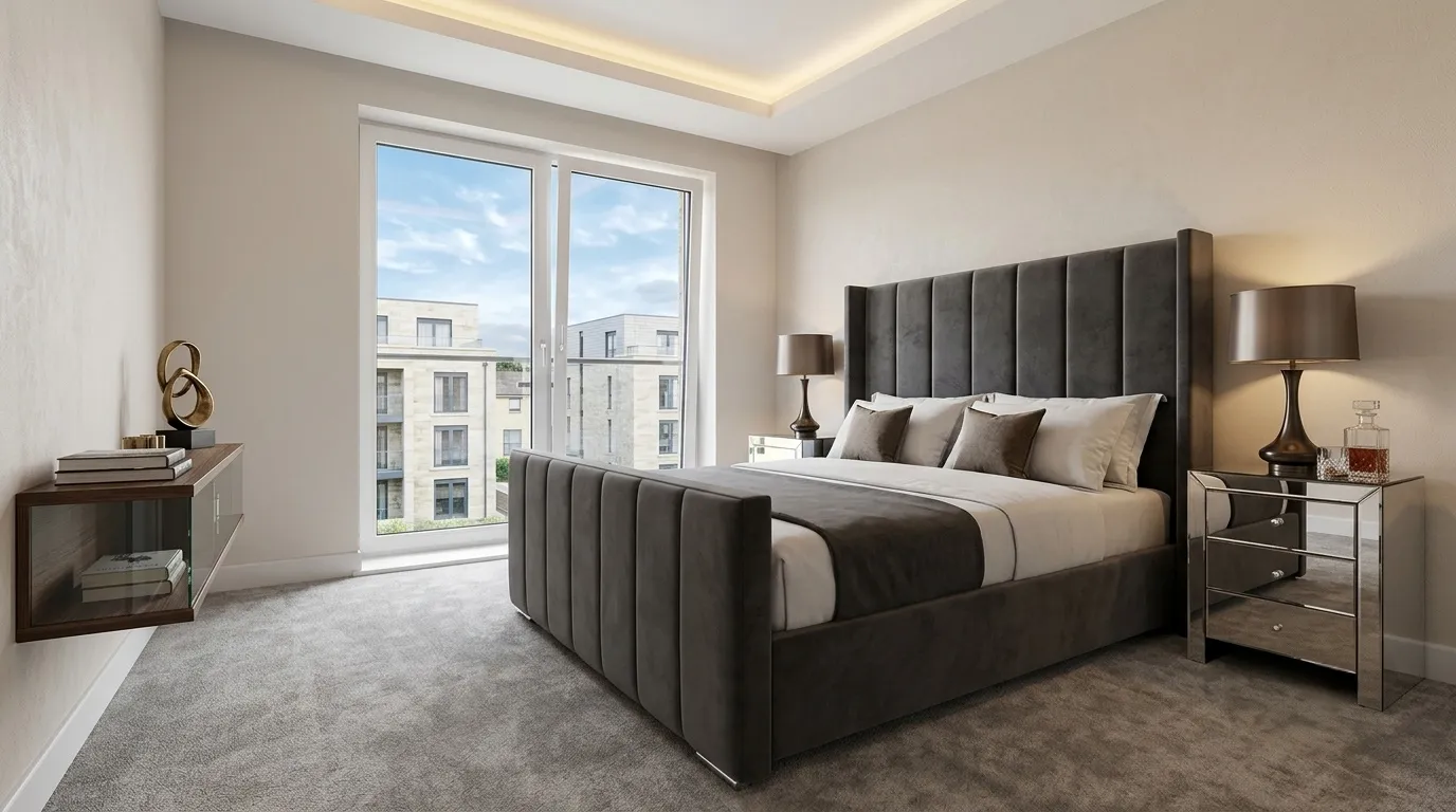 Luxury Panel Wing Back bed upholstered in plush velvet with a tall buttoned headboard